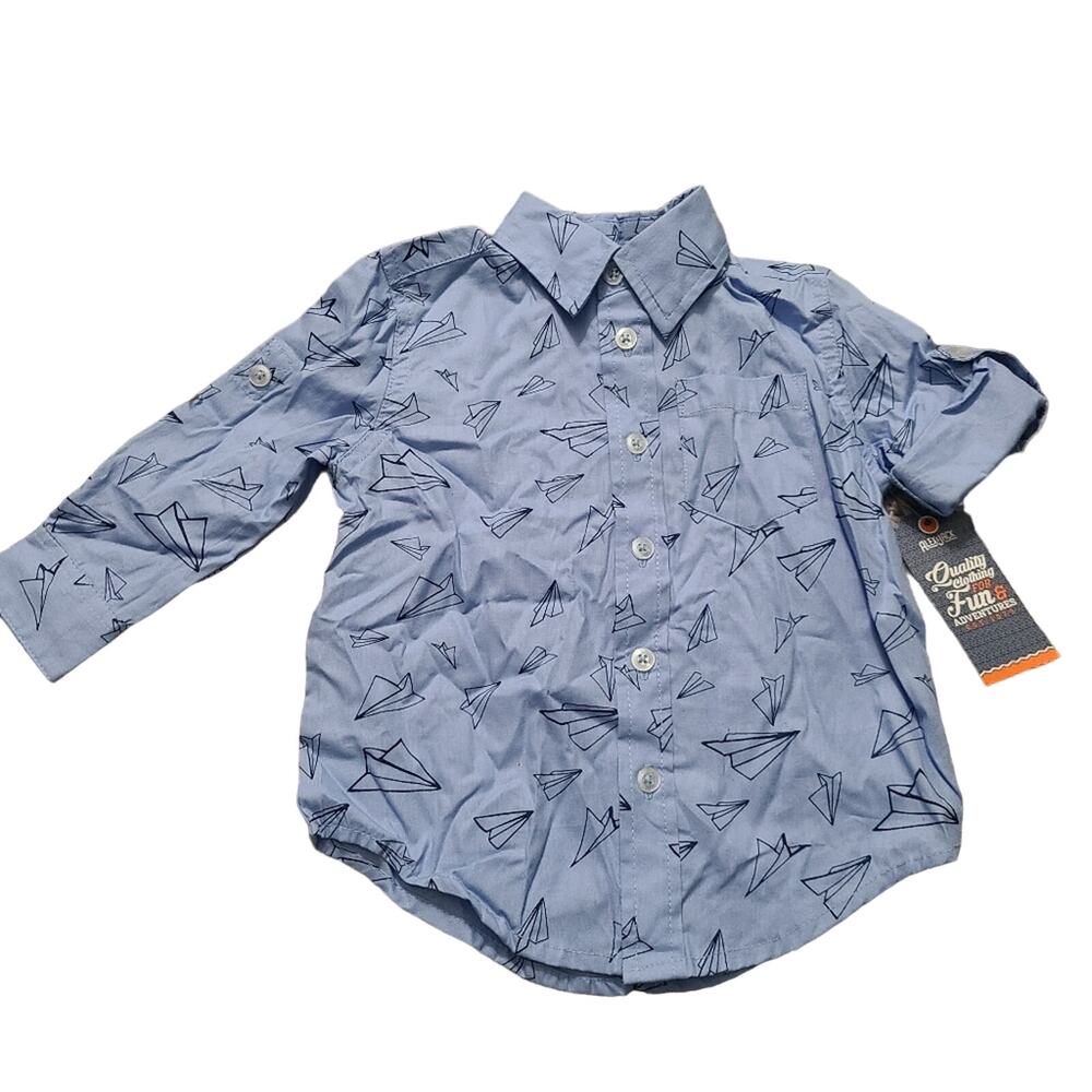 Alex and Jack Baby Boy Sz 12M Blue Button Up Shirt with Paper Plane Pattern
